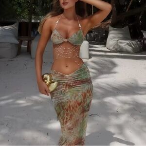 Tropical Print Bikini and Skirt Set